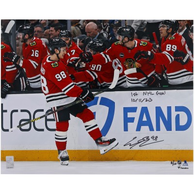 Connor Bedard Chicago Blackhawks Autographed Fanatics Authentic 16 x 20 First NHL Goal Celebration Photograph with 1st NHL Goal 10/11/23 Inscription - Limited Edition of 10