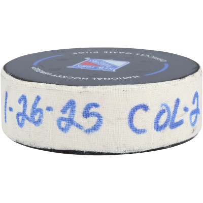 Cale Makar Colorado Avalanche Fanatics Authentic Game-Used Goal Puck vs. New York Rangers on January 26, 2025 - First of Two Goals Scored