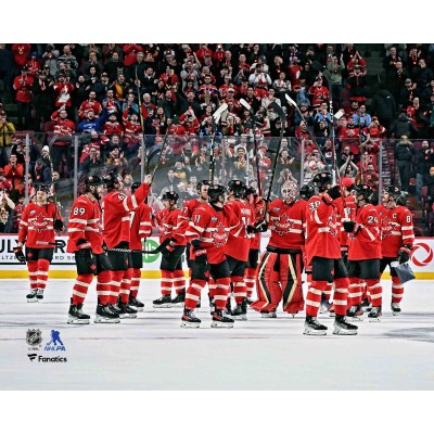 Canada 2025 4 Nations Face-Off Unsigned Fanatics Authentic Overtime Win vs. Sweden Celebration Photograph