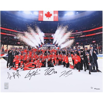 Nathan MacKinnon, Cale Makar, Sam Reinhart & Jordan Binnington Canada Autographed Fanatics Authentic 16 x 20 4 Nations Face-Off Champions Team Celebration Photograph - Limited Edition #1/25