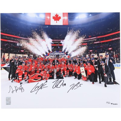 Nathan MacKinnon, Cale Makar, Sam Reinhart & Jordan Binnington Canada Autographed Fanatics Authentic 16 x 20 4 Nations Face-Off Champions Team Celebration Photograph - Limited Edition #25/25