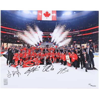 Nathan MacKinnon, Cale Makar, Sam Reinhart & Jordan Binnington Canada Autographed Fanatics Authentic 16 x 20 4 Nations Face-Off Champions Team Celebration Photograph - Limited Edition of 25