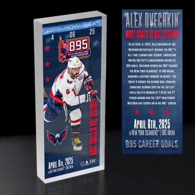 Washington Capitals Alexander Ovechkin Highland Mint NHL All-Time Leading Goal Scorer 2.5 x 6 3D Ticket Acrylic Block