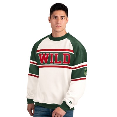 Minnesota Wild Starter White Defense Fleece Crewneck Sweatshirt