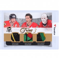 Denis Savard, Doug Wilson and Tony Esposito Chicago Blackhawks 2011-12 Upper Deck The Cup Triple Game Used Relics #C3-BHAWKS #10/10 Card