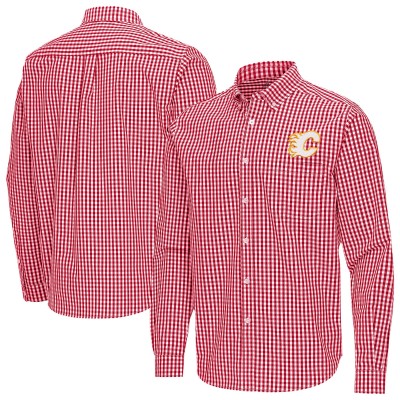 Calgary Flames Antigua Red Ellis Tri-Blend Long Sleeve Button-Down Shirt