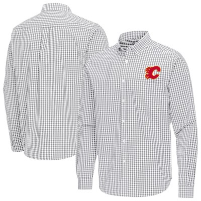 Calgary Flames Antigua Gray Ellis Tri-Blend Long Sleeve Button-Down Shirt