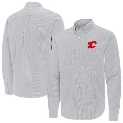 Calgary Flames Antigua Gray Porter Woven Tri-Blend Long Sleeve Button-Down Shirt