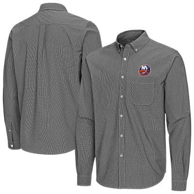 New York Islanders Antigua Black Porter Woven Tri-Blend Long Sleeve Button-Down Shirt