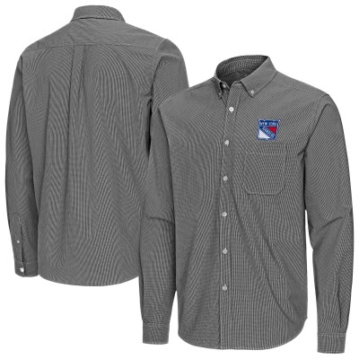New York Rangers Antigua Black Porter Woven Tri-Blend Long Sleeve Button-Down Shirt
