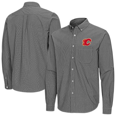 Calgary Flames Antigua Black Porter Woven Tri-Blend Long Sleeve Button-Down Shirt
