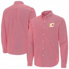 Calgary Flames Antigua Red Porter Woven Tri-Blend Long Sleeve Button-Down Shirt