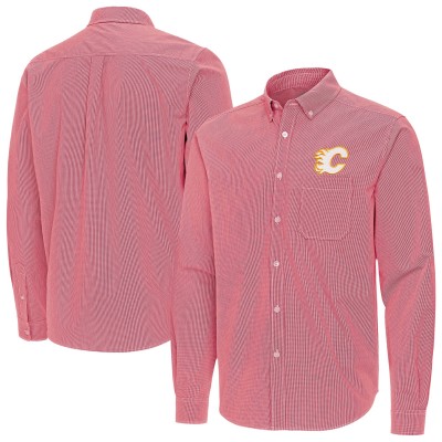 Calgary Flames Antigua Red Porter Woven Tri-Blend Long Sleeve Button-Down Shirt