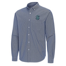 Seattle Kraken Antigua Deep Sea Blue Porter Woven Tri-Blend Long Sleeve Button-Down Shirt