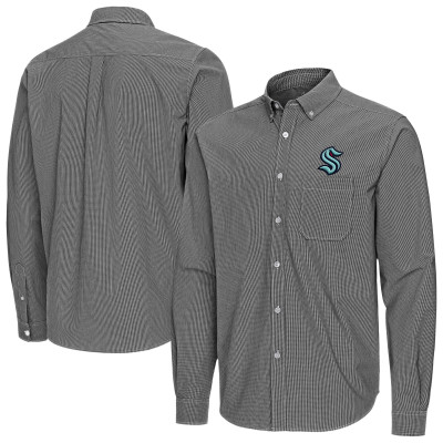Seattle Kraken Antigua Black Porter Woven Tri-Blend Long Sleeve Button-Down Shirt