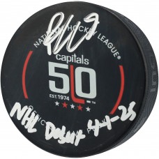 Ryan Leonard Washington Capitals Autographed Fanatics Authentic 50th Anniversary Official Game Puck with NHL Debut 4/1/25 Inscription