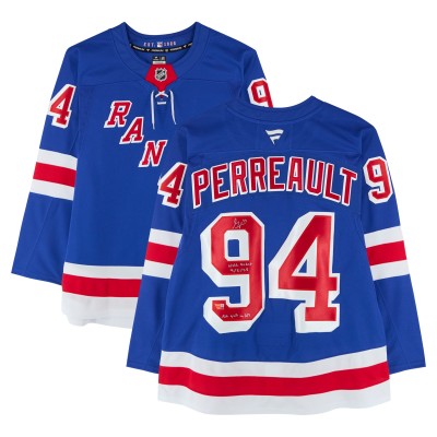 Gabe Perreault New York Rangers Autographed Fanatics Authentic Blue Fanatics Premium Jersey with NHL Debut 4/2/25 & No quit in NY Inscriptions - Limited Edition of 25