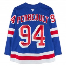 Gabe Perreault New York Rangers Autographed Fanatics Authentic Blue Fanatics Premium Jersey with NHL Debut 4/2/25 & No quit in NY Inscriptions - Limited Edition of 25