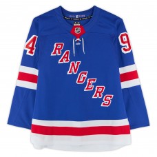 Gabe Perreault New York Rangers Autographed Fanatics Authentic Blue Fanatics Premium Jersey with NHL Debut 4/2/25 & No quit in NY Inscriptions - Limited Edition of 25