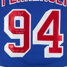 Gabe Perreault New York Rangers Autographed Fanatics Authentic Blue Fanatics Premium Jersey with NHL Debut 4/2/25 & No quit in NY Inscriptions - Limited Edition of 25