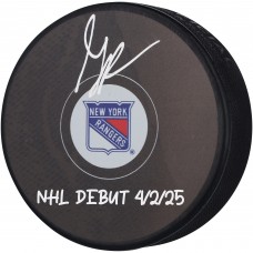 Gabe Perreault New York Rangers Autographed Fanatics Authentic Hockey Puck with NHL Debut 4/2/25 Inscription Gabe Perreault New York Rangers Autographed Fanatics Authentic Hockey Puck with NHL Debut 4/2/25 Inscription