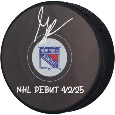 Gabe Perreault New York Rangers Autographed Fanatics Authentic Hockey Puck with NHL Debut 4/2/25 Inscription