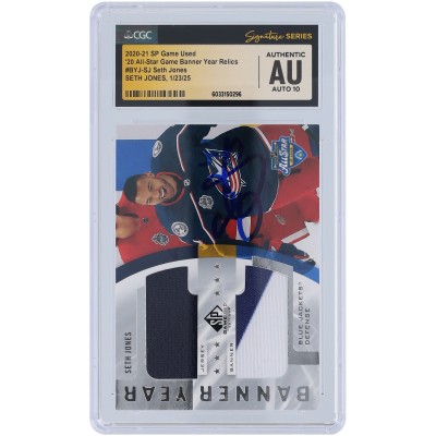Seth Jones Columbus Blue Jackets Autographed 2020-21 Upper Deck SP Game Used 20 All-Star Game Banner Year Dual 3 Color Relics Navy Blue White #BYJ-SJ CGC Fanatics Witnessed Authenticated Auto 10 Card