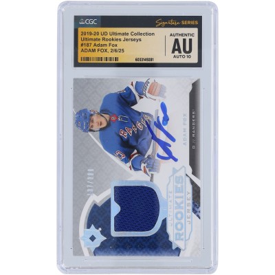 Adam Fox New York Rangers Autographed 2019-20 Upper Deck Ultimate Collection Ultimate Rookie Jersey Relic #187 #/399 CGC Fanatics Witnessed Authenticated Auto 10 Rookie Card