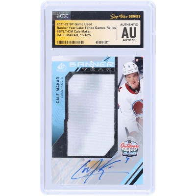 Cale Makar Colorado Avalanche Autographed 2021-22 Upper Deck SP Game Used Banner Year Lake Tahoe Game Relics #BYLT-CM CGC Fanatics Witnessed Authenticated Auto 10 Card