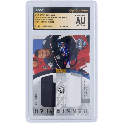 Seth Jones Columbus Blue Jackets Autographed 2020-21 Upper Deck SP Game Used 20 All-Star Game Banner Year Dual 2 Color Relics Navy White #BYJ-SJ CGC Fanatics Witnessed Authenticated Auto 10 Card