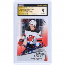 Luke Hughes New Jersey Devils Autographed 2023-24 Upper Deck SP Game Used Rookie Debut #R-8 #/499 CGC Fanatics Witnessed Authenticated 9/10 Rookie Card