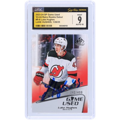 Luke Hughes New Jersey Devils Autographed 2023-24 Upper Deck SP Game Used Rookie Debut #R-8 #/499 CGC Fanatics Witnessed Authenticated 9/10 Rookie Card