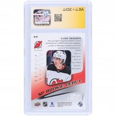Luke Hughes New Jersey Devils Autographed 2023-24 Upper Deck SP Game Used Rookie Debut #R-8 #/499 CGC Fanatics Witnessed Authenticated 9/10 Rookie Card