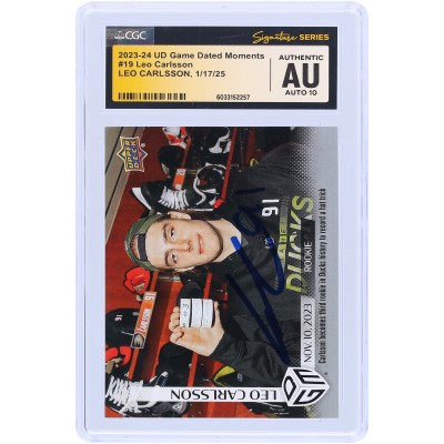 Leo Carlsson Anaheim Ducks Autographed 2023-24 Upper Deck Game Dated Moments Rookie Hat Trick 11.10.2023 #19 #/1199 CGC Fanatics Witnessed Authenticated Auto 10 Rookie Card