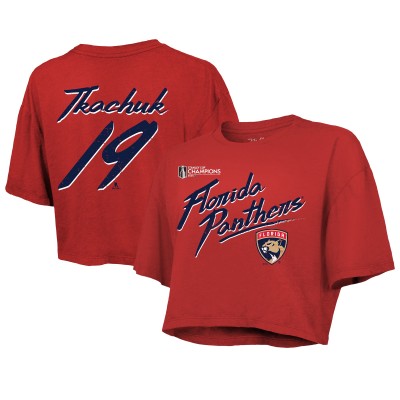 Футболка Женская Florida Panthers Matthew Tkachuk Majestic Threads Red 2025 Stanley Cup Champions Name & Number Boxy Cropped