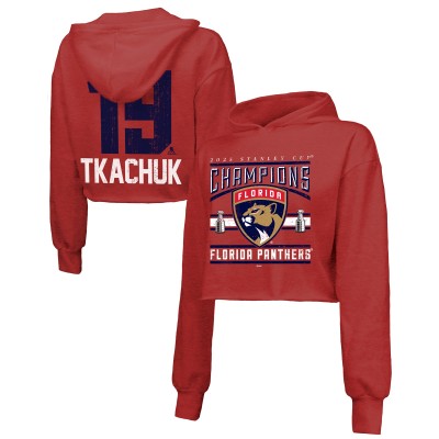 Укороченная толстовка Florida Panthers Matthew Tkachuk Majestic Threads Red 2025 Stanley Cup Champions Name & Number Tri-Blend