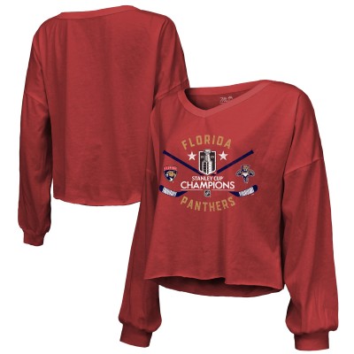 Футболка Женская Florida Panthers Majestic Threads Red 2025 Stanley Cup Champions Off Shoulder Long Sleeve V-Neck