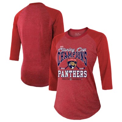 Футболка Женская Florida Panthers Majestic Threads Red 2025 Stanley Cup Champions 3/4-Sleeve Raglan Tri-Blend