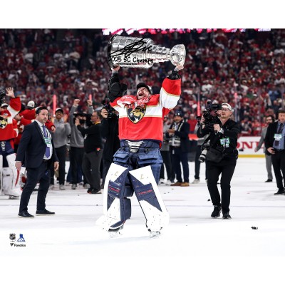 Sergei Bobrovsky Florida Panthers Autographed Fanatics Authentic 2025 Stanley Cup Champions 16 x 20 Raising Cup Photograph with 2025 SC Champs Inscription