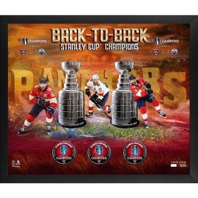 Постер и три шайбы Aleksander Barkov, Sam Reinhart & Matthew Tkachuk Florida Panthers Autographed Fanatics Authentic Back-To-Back Stanley Cup Champions Framed - Limited Edition of 500