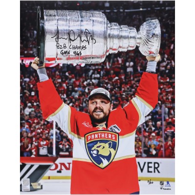 Sam Reinhart Florida Panthers Autographed Fanatics Authentic 2025 Stanley Cup Champions 16 x 20 Raising Cup Photograph with Multiple Inscriptions - Limited Edition of 50
