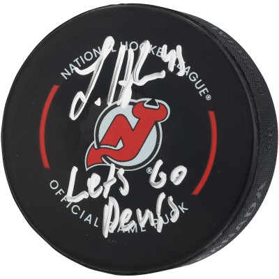 Luke Hughes New Jersey Devils Autographed Fanatics Authentic Official Game Puck with Lets Go Devils Inscription