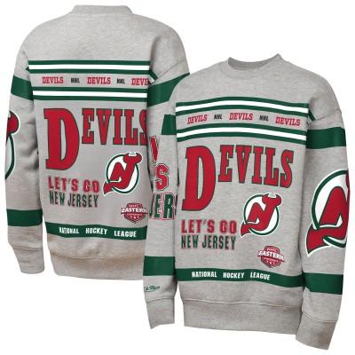 Подростковая New Jersey Devils Mitchell & Ness Heather Gray Allover Print Fleece Crewneck Sweatshirt