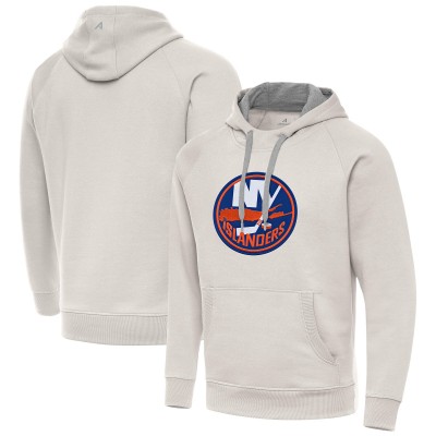 New York Islanders Antigua Cream Big Logo Victory Pullover Hoodie