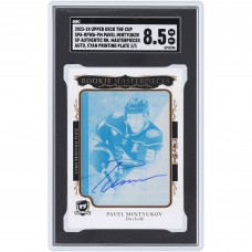 Pavel Mintyukov Anaheim Ducks Autographed 2023-24 Upper Deck The Cup SP Authentic Rookie Masterpieces Cyan Printing Plate #SPA-RFWA-PM #1/1 SGC Authenticated 8.5 Rookie Card