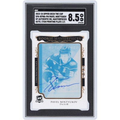 Pavel Mintyukov Anaheim Ducks Autographed 2023-24 Upper Deck The Cup SP Authentic Rookie Masterpieces Cyan Printing Plate #SPA-RFWA-PM #1/1 SGC Authenticated 8.5 Rookie Card