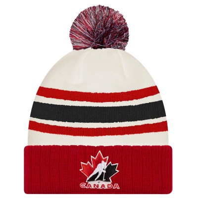 Шапка с помпоном Hockey Canada New Era White/Red Milano Cortina 2026 Winter Olympics Striped