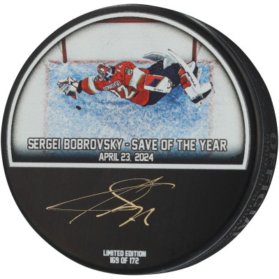 Sergei Bobrovsky Florida Panthers Autographed Fanatics Authentic 2024 Stanley Cup Playoff Diving Save Hockey Puck - Limited Edition of 172 - Signed in Gold