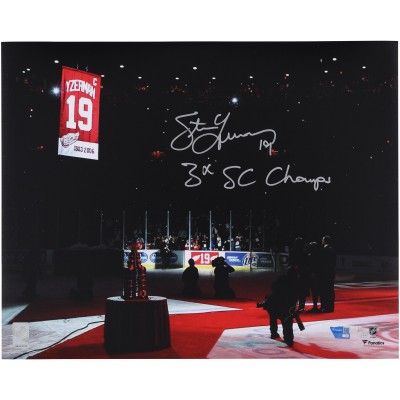 Steve Yzerman Detroit Red Wings Autographed Fanatics Authentic 16 x 20 Jersey Retirement Night Photograph with 3X SC Champ Inscription - Limited Edition #10/10