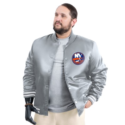 New York Islanders G-III Sports by Carl Banks Gray Adaptive Bold Logo Satin Full-Snap Varsity Jacket